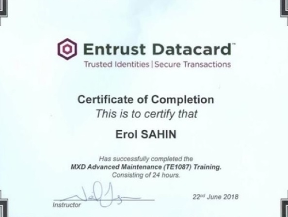 Entrust Datacard Certificate of Completion, 2018 — MXD Advanced Maintenance (TE1087), select to enlarge